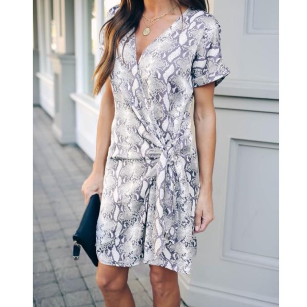 Vici Ximena Python Print Satin Wrap Short Sleeve … - image 5